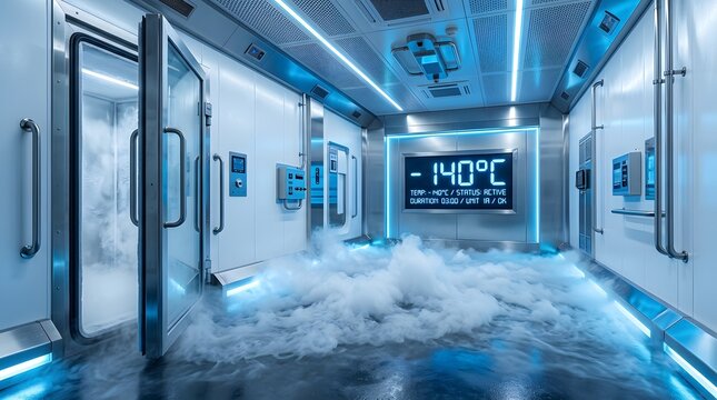 Industrial cryogenic storage room with open freezer door and thick white fog rolling across the floor with a digital display showing minus 140 degrees celsius