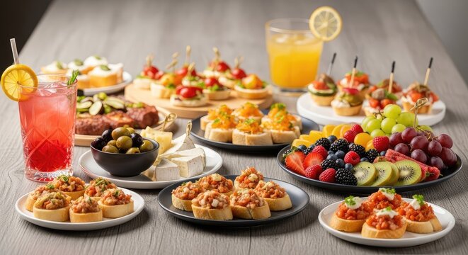 Vibrant appetizers, colorful cocktails, fresh fruits, and gourmet small bites are artfully arranged on a rustic wooden table for a feast, food, top view, gourmet