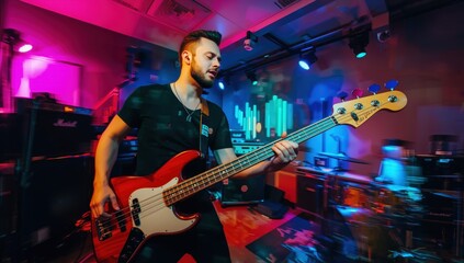 Obraz premium Male bassist rehearsing in studio before concert, featuring motion blur.