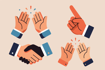 Fototapeta premium Set of hand gestures including clapping hands a pointing finger and a professional handshake representing communication and agreement.