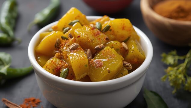 Mango pickle in a white bowl, focused shot.