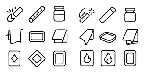 Obraz premium Minimal fire safety icons set with flame, blanket, firewood and match vector symbols