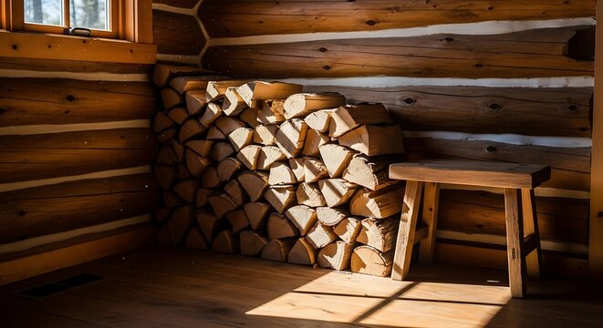 Sunny rustic log cabin interior with stacked firewood and wooden stool