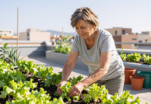 Senior woman smiling while harvesting lettuce in rooftop community garden