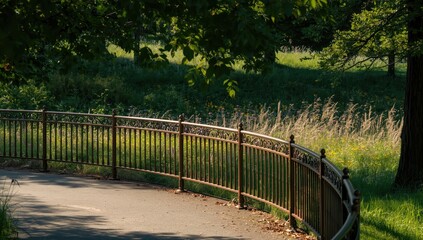 Fototapeta premium Metal railing in bronze hue forming a divider in a grassy park.