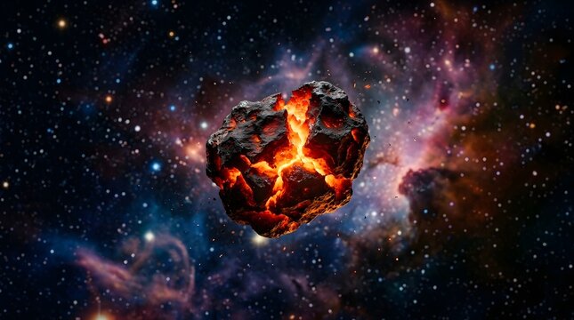Glowing asteroid or meteorite floating in deep space with a cracked rocky surface revealing bright orange molten lava core against a backdrop, of colorful nebulae, and distant
