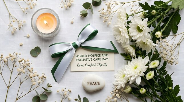 White chrysanthemum flowers and eucalyptus leaves with a burning candle and a card reading hospice and palliative care day on a white fabric background