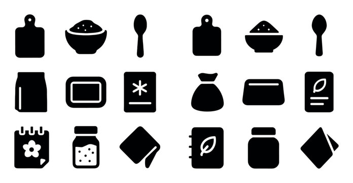 kitchen and cooking design icons with cutting board, bowl and spoon for infographic design in solid style