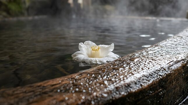 Single white camellia flower floating on the surface of a steaming hot spring bath with wet wooden edges, capturing a serene and tranquil moment in a traditional japanese onsen