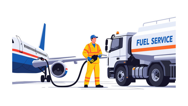 Aircraft Refueling: A fuel service truck is supplying fuel to an airplane on the tarmac, with a worker in uniform operating the fuel nozzle.