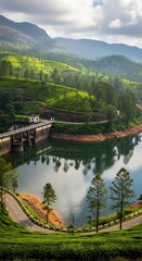 Fototapeta premium Serene reservoir behind a dam, surrounded by lush green hills and winding roads