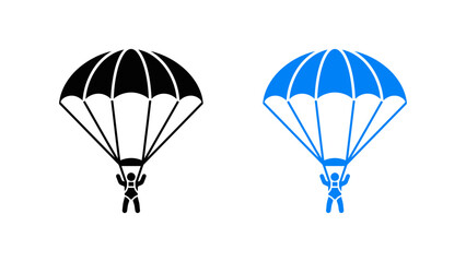 Parachutist descending with parachute icon set in black and blue colors for extreme sports and skydiving concepts © Iqbal