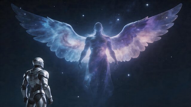 Robot gazes at winged figure in space
