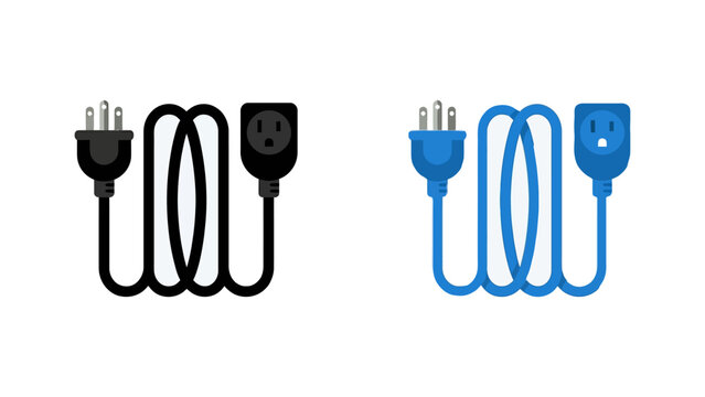 Extension Cord Icons with Male Plug and Female Socket in Black and Blue Flat Vector Style