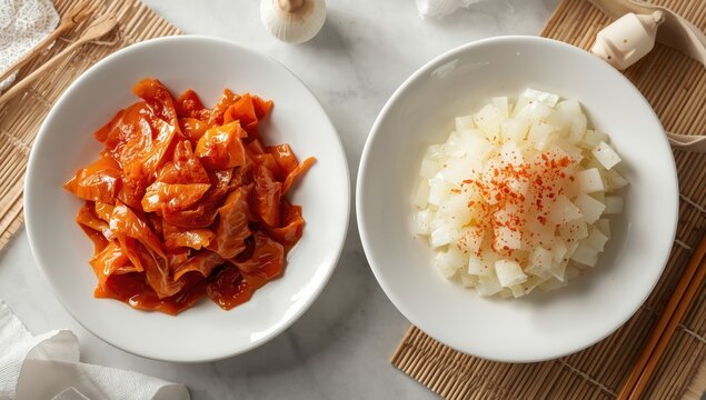 Napa cabbage kimchi and kkakdugi served on white dishes.