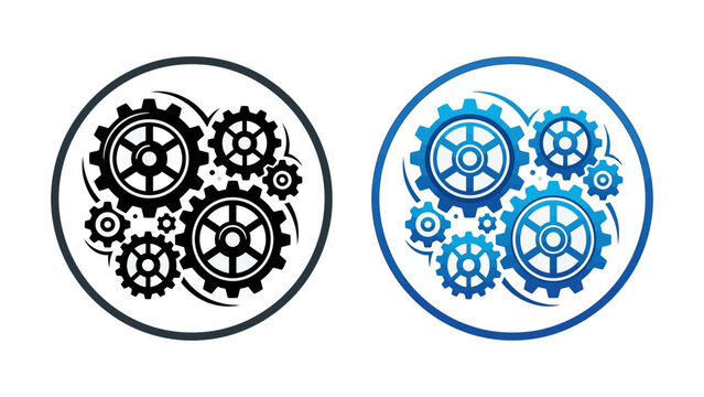 Interlocking gears and cogs icons representing teamwork and mechanical systems in black and blue vector styles