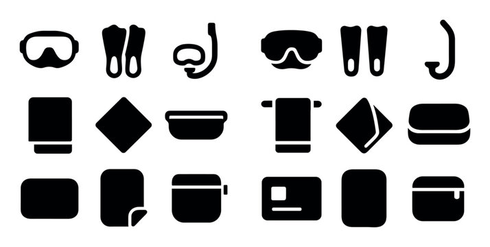 diving and swimming concept icons with goggles, fins and snorkel for web interface design in solid monochrome style