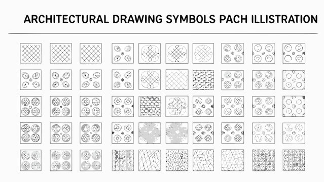 Architectural drawing symbols illustration featuring geometric patterns and circular designs on a white background pattern design technical blueprint schematic diagram grid