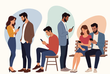 Fototapeta premium Group of diverse individuals in different poses are all preoccupied with their smartphones in a public setting.