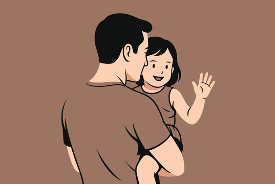 Caring father holds his young daughter in his arms as she waves happily towards the viewer against a plain warm background.