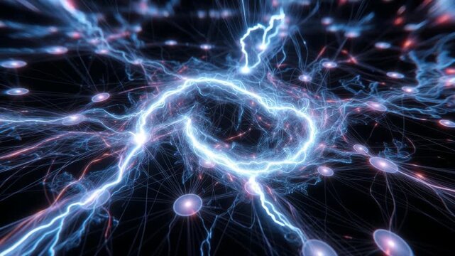 Electric currents and light strands forming abstract pattern in luminous style on dark background, concept of energy flow