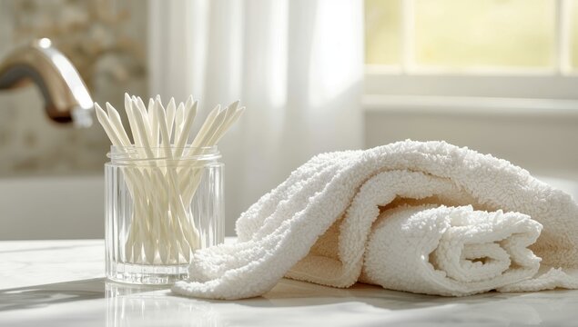 Restroom. Cotton swabs, white towel arrangement. Self-care.