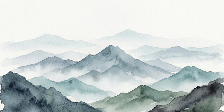 Watercolor mountain range painting with layered peaks and misty atmosphere.