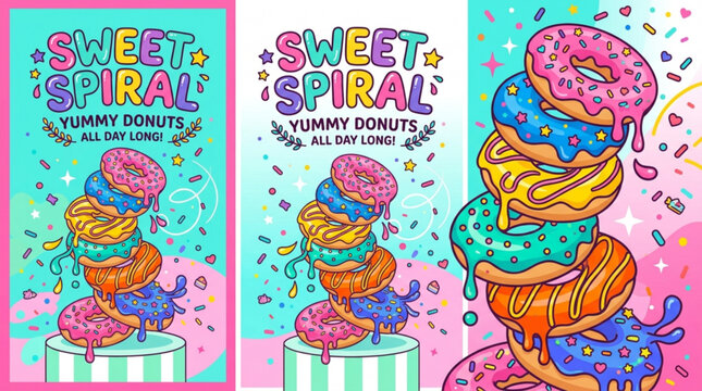 Colorful stack of donuts forming a sweet spiral with vibrant icing and sprinkles on a playful striped pedestal surrounded by whimsical designs and confetti in a fun cartoonish