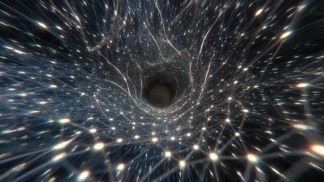 View of luminous swirling tunnel of light threads in digital style on dark background, concept of cosmic energy flow