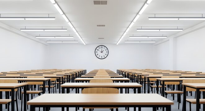 Empty modern classroom with rows of desks and a clock on the wall