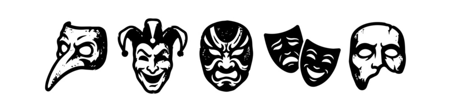 Grunge Theatrical Masks Vector Icon Set