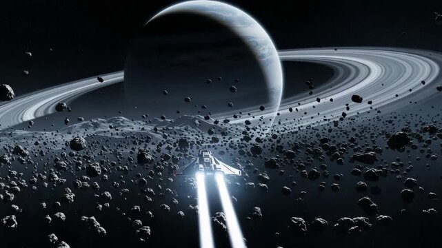 Spaceship flying through asteroid field near ringed planet