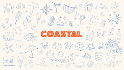 Hand drawn coastal themed doodles including seashells crabs beach umbrellas and tropical plants on a white background seascape ocean marine summer © Sujit