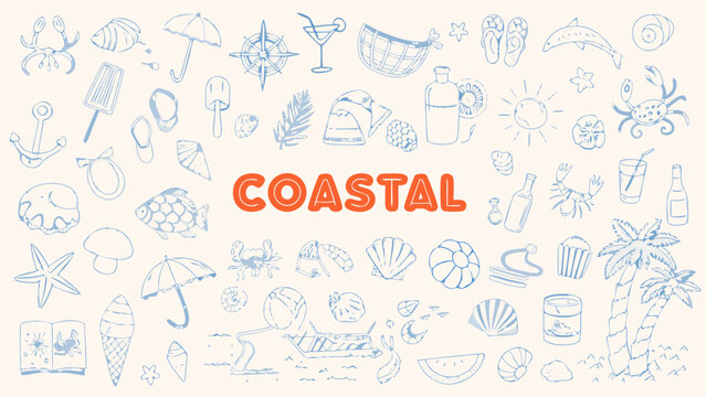 Hand drawn coastal themed doodles including seashells crabs beach umbrellas and tropical plants on a white background seascape ocean marine summer