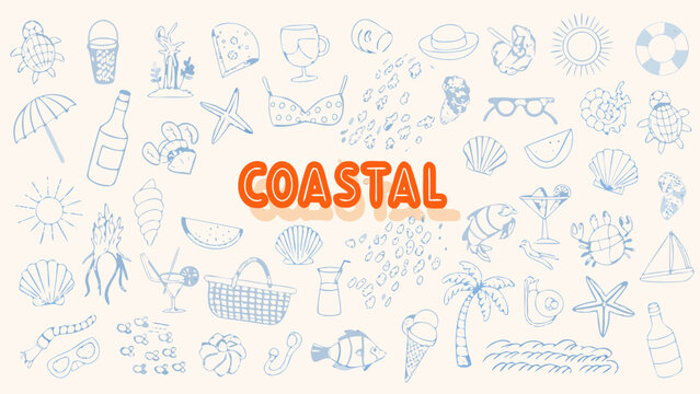 Coastal themed hand drawn vector illustration featuring beach elements summer objects and marine life on a pale background beachcombing seashore ocean