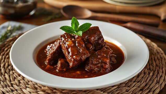 Savory oxtail stew on a white plate, topped with mint, on a rustic placemat.