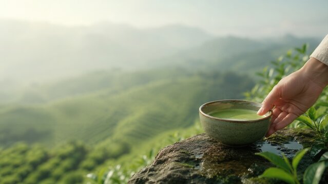 Matcha Ceremony in a Tea Garden stone outcrop lush green fields hand pouring bowl action light color