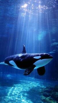 An orca swims gracefully beneath shimmering waves, surrounded by a tranquil underwater environment. Soft sunlight filters through, creating a magical ambiance as the creature moves