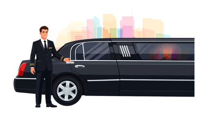 Chauffeur Standing By A Luxury Limousine: A distinguished chauffeur in a sharp uniform stands beside a sleek black limousine. © Md
