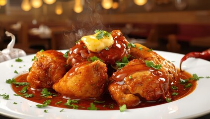 Fototapeta premium Spicy chicken tikka with butter, garlic, and herbs.