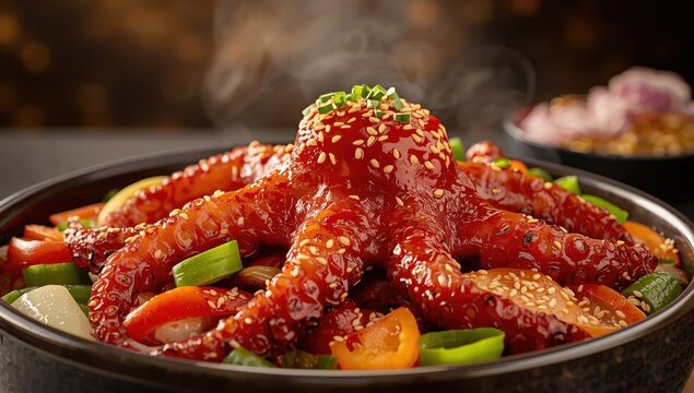 Spicy saut&eacute;ed octopus with vegetables
