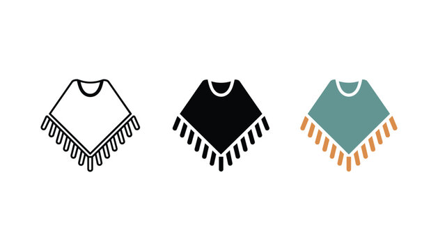 Traditional Mexican poncho clothing icon set showing outline solid black and flat color textile patterns for travel tourism cultural heritage and fashion design web graphics and apparel branding