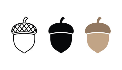 Acorn autumn nature icons in outline solid and brown flat style for seasonal and forest design themes © Pure