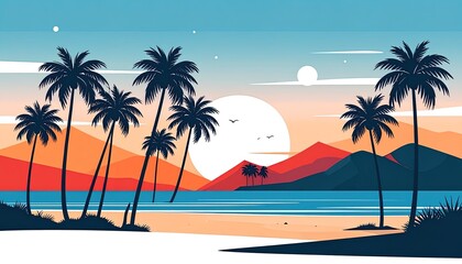 Obraz premium Tropical beach sunset palm trees landscape.