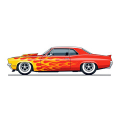 Obraz premium Classic muscle car with flame graphic, on white background