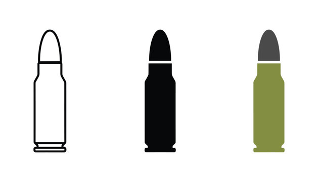 Bullet ammunition weapon icons in outline solid and olive green flat style for tactical and game design