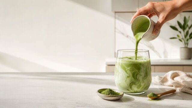 Matcha Tea Preparation in a Kitchen green cleanliness minimalism calm atmosphere drink kitchenware person