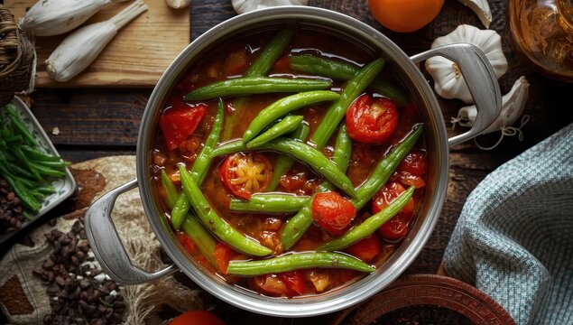 Stewed green beans, tomatoes, and garlic in olive oil. Traditional Turkish dish.