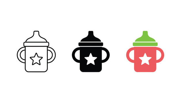 Baby sippy cup icon set with star decoration for toddler feeding and children product design and mobile app interface elements