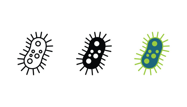 Bacteria microorganism icon set featuring three styles of germ illustration for microbiology and medical research presentations